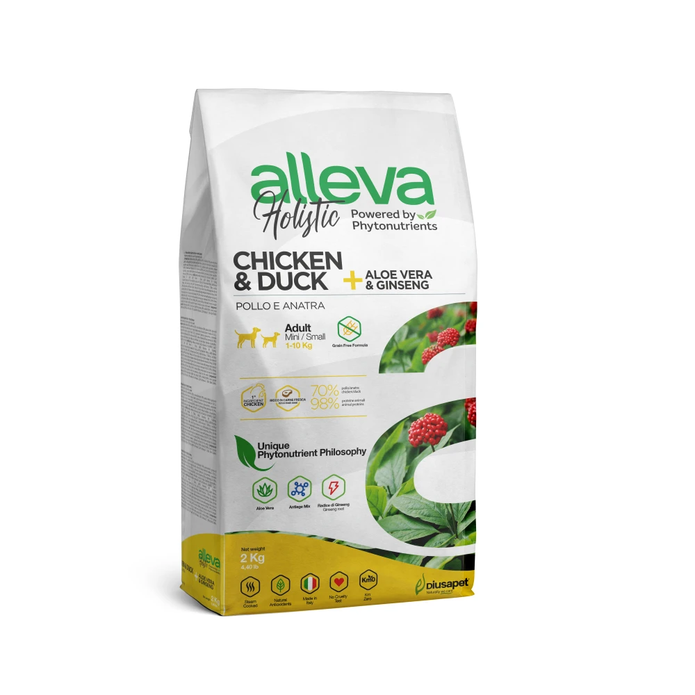 Croquette sans céréales Alleva Holistic Poulet & Canard + Aloe Vera & Ginseng chien adulte mini 2kg