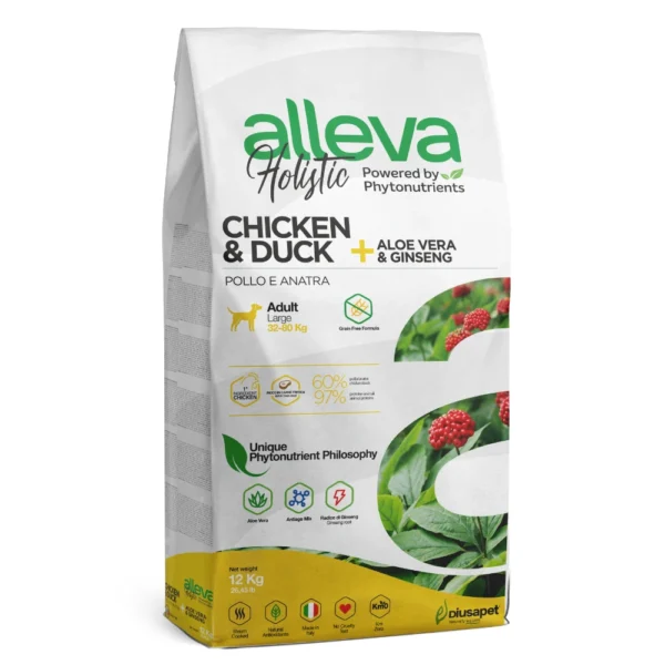 Croquettes Alleva Holistic Poulet & Canard + Aloe Vera & Ginseng chien adulte maxi 12kg