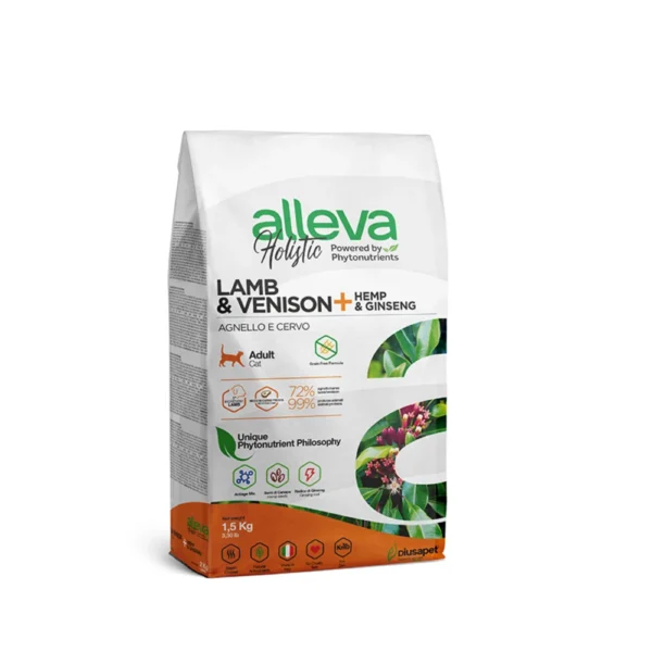 Croquettes sans céréales Alleva Holistic Agneau & Cerf + Chanvre & Ginseng chat adulte 1,5kg