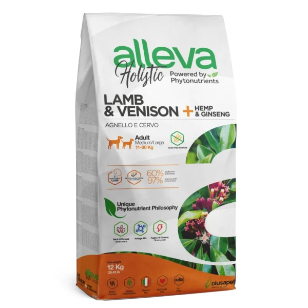 Croquettes sans céréales Alleva Holistic Agneau & Cerf + Chanvre & Ginseng chien adulte medium/maxi 12kg