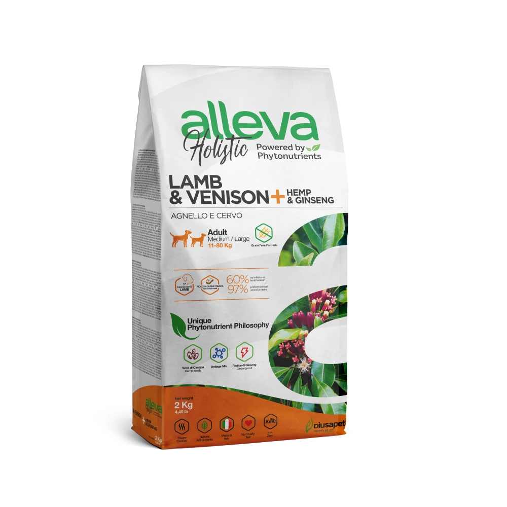 Croquettes sans céréales Alleva Holistic Agneau & Cerf + Chanvre & Ginseng chien adulte medium/maxi 2kg