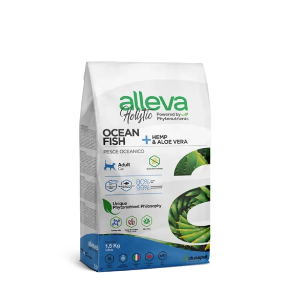 Croquettes sans céréales Alleva Holistic Poisson + Chanvre & Aloe Vera chat adulte 1,5kg