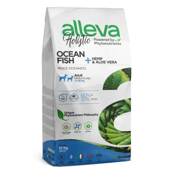 Croquettes sans céréales Alleva Holistic Poisson + Chanvre & Aloe Vera chien adulte medium/maxi 12kg