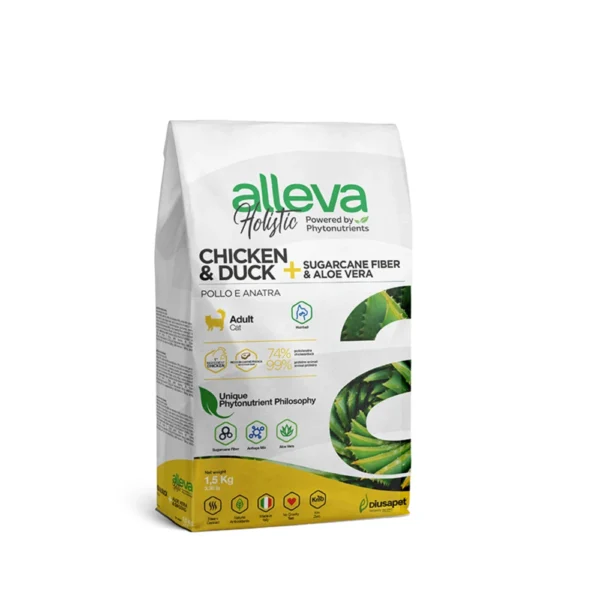 Croquettes sans céréales Alleva Holistic Poulet & Canard + Aloe Vera & Ginseng chat adulte stérilisé 1,5kg