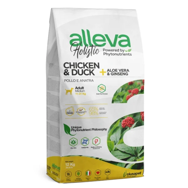 Croquettes sans céréales Alleva Holistic Poulet & Canard + Aloe Vera & Ginseng chien adulte medium 12kg