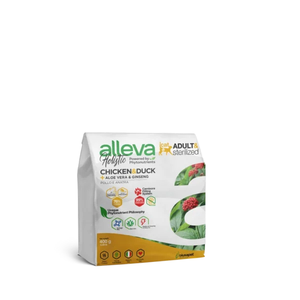 Croquettes sans céréales Alleva Holistic Poulet & Canard + Aloe Vera & Ginseng chat adulte stérilisé, light & hairball 1,5kg