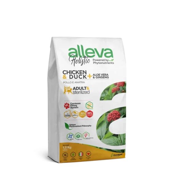 Croquettes sans céréales Alleva Holistic Poulet & Canard + Aloe Vera & Ginseng chat adulte stérilisé, light & hairball 1,5kg