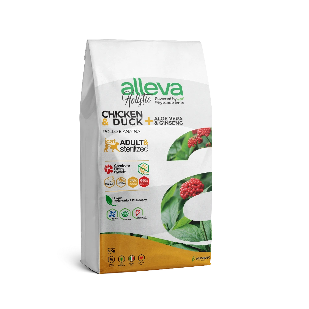 Croquettes sans céréales Alleva Holistic Poulet & Canard + Aloe Vera & Ginseng chat adulte stérilisé, light & hairball 5kg Croquettes sans céréales Alleva Holistic Poulet & Canard + Aloe Vera & Ginseng chat adulte stérilisé, light & hairball 5kg