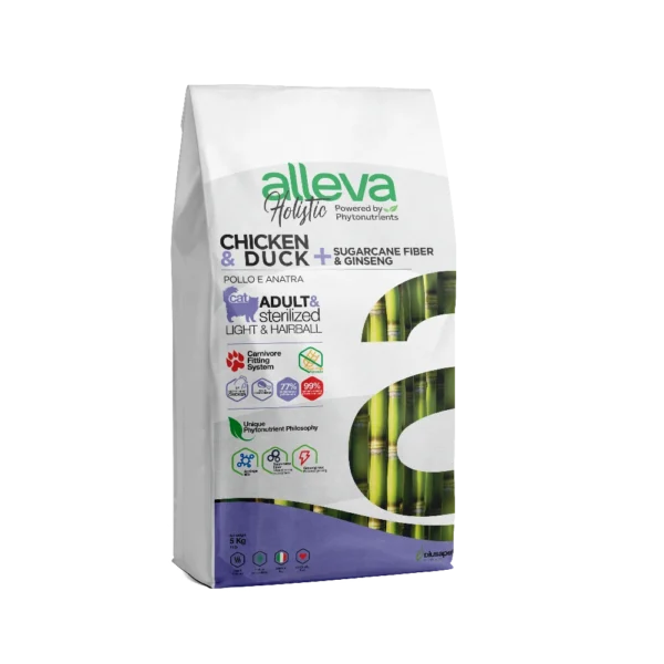 Croquettes sans céréales Alleva Holistic Poulet & Canard + Aloe Vera & Ginseng chat adulte stérilisé, light & hairball 5kg