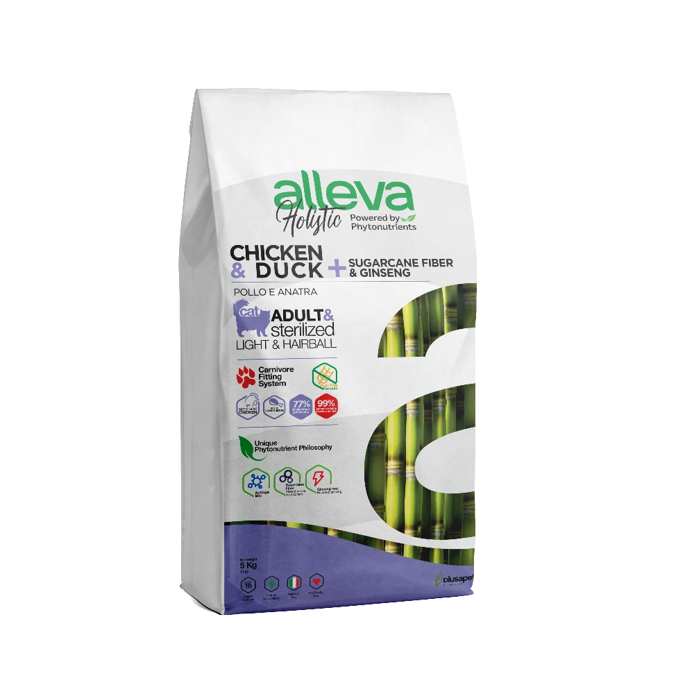 Croquettes sans céréales Alleva Holistic Poulet & Canard + Aloe Vera & Ginseng chat adulte stérilisé, light & hairball 5kg Croquettes sans céréales Alleva Holistic Poulet & Canard + Aloe Vera & Ginseng chat adulte stérilisé, light & hairball 5kg