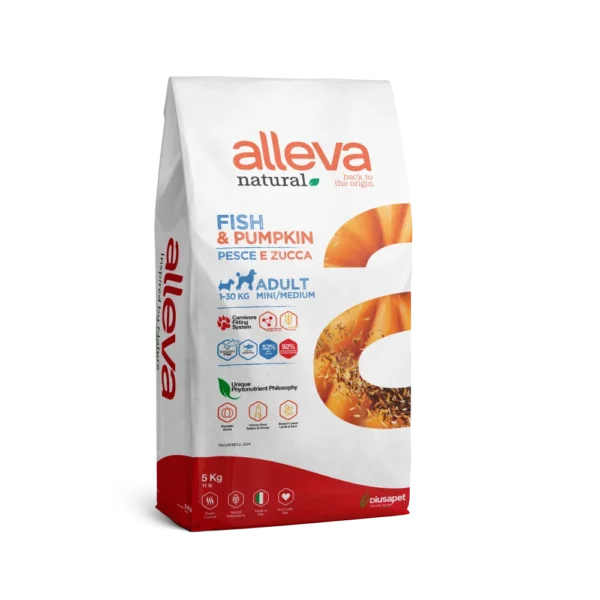 Croquettes Alleva Natural Poisson & Potiron chien adulte mini/medium 5kg