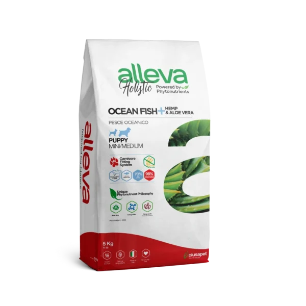 Croquettes sans céréales Alleva Holistic Poisson + Chanvre & Aloe Vera chiot mini/medium 5kg