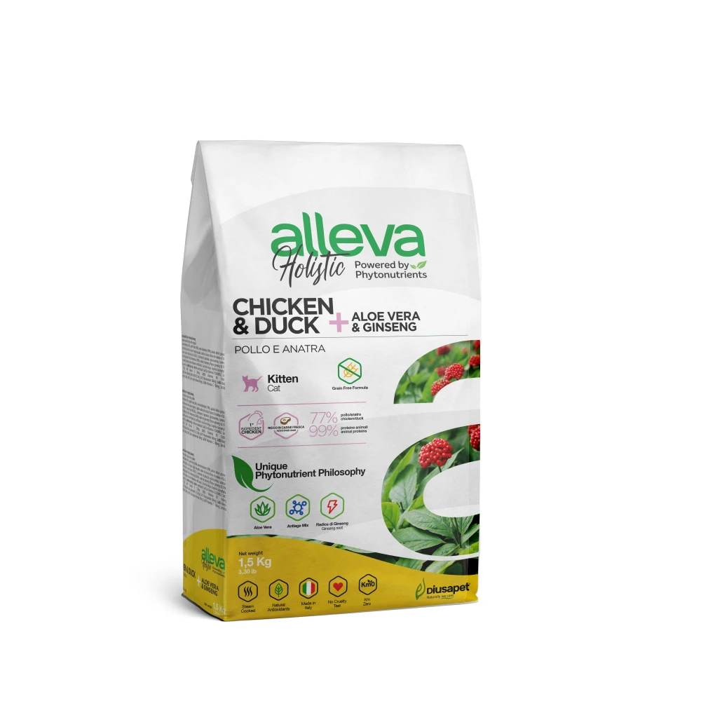 Croquettes sans céréales Alleva Holistic Poulet & Canard + Aloe Vera & Ginseng chat adulte 1,5kg