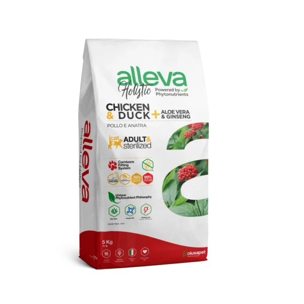 Croquettes sans céréales Alleva Holistic Poulet & Canard + Aloe Vera & Ginseng chat adulte 5kg