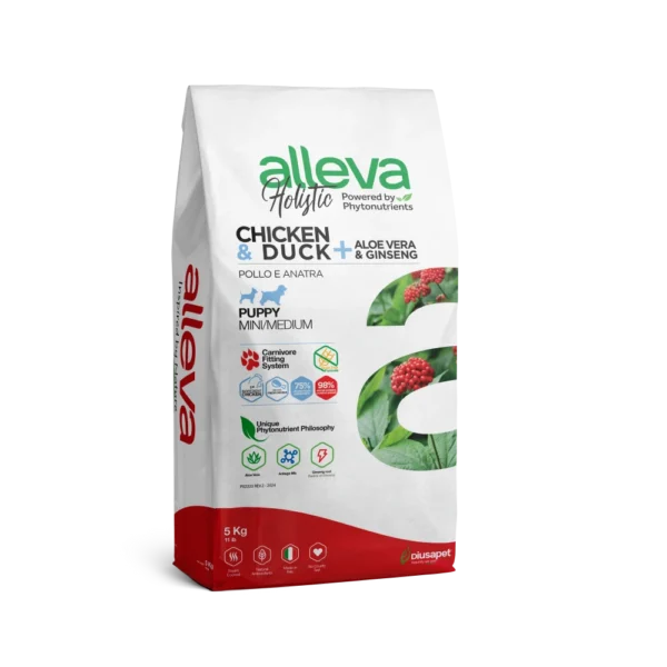 Croquettes sans céréales Alleva Holistic Poulet & Canard + Aloe Vera & Ginseng chiot mini /medium 5kg